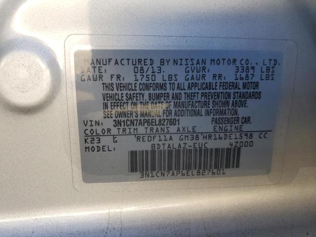 3N1CN7AP6EL827601 - 2014 NISSAN VERSA S SILVER photo 10