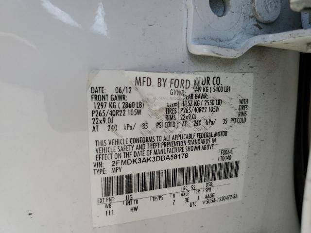 2FMDK3AK3DBA58178 - 2013 FORD EDGE SPORT WHITE photo 10