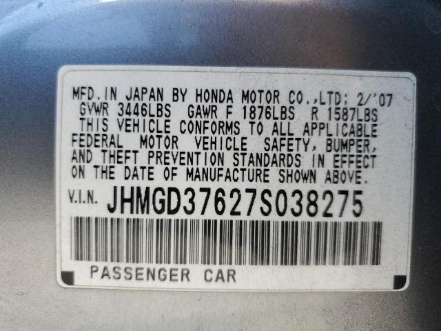 JHMGD37627S038275 - 2007 HONDA FIT S ვერცხლისფერი ფოტო 10