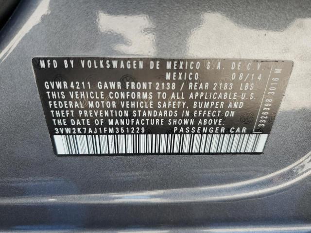 3VW2K7AJ1FM351229 - 2015 VOLKSWAGEN JETTA BASE 灰色 照片 10