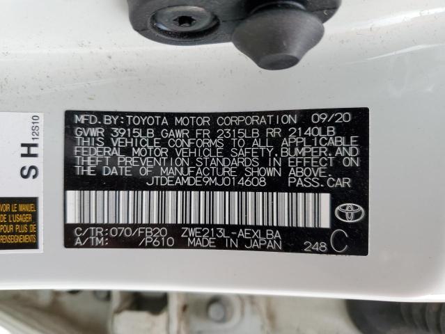 JTDEAMDE9MJ014608 - 2021 TOYOTA COROLLA LE WHITE photo 10