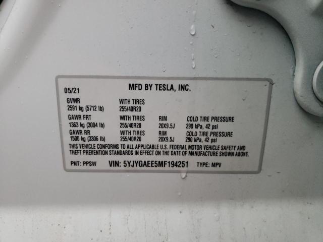 5YJYGAEE5MF194251 - 2021 TESLA MODEL Y أبيض صورة 10
