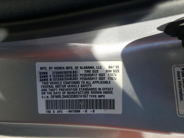 5FNRL5H63DB074167 - 2013 HONDA ODYSSEY EX SILVER photo 10