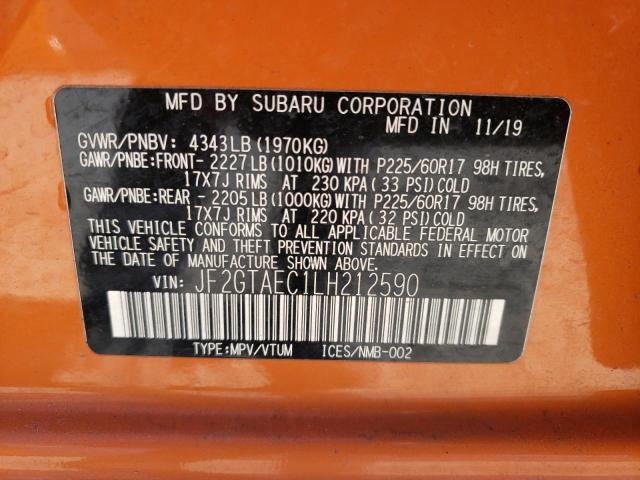 JF2GTAEC1LH212590 - 2020 SUBARU CROSSTREK ORANGE photo 10