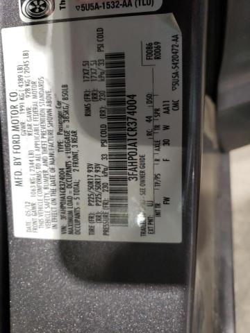 3FAHP0JA1CR374004 - 2012 FORD FUSION GRAY photo 10