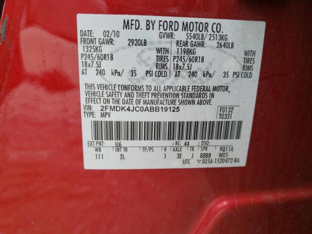 2FMDK4JC0ABB19125 - 2010 FORD EDGE SEL RED photo 10