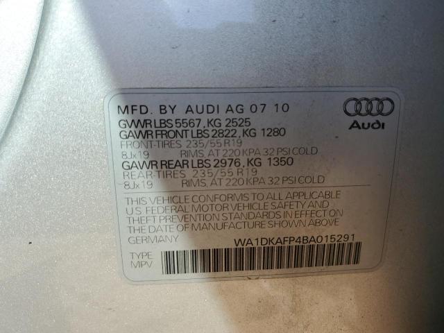 WA1DKAFP4BA015291 - 2011 AUDI Q5 PREMIUM SILVER photo 10