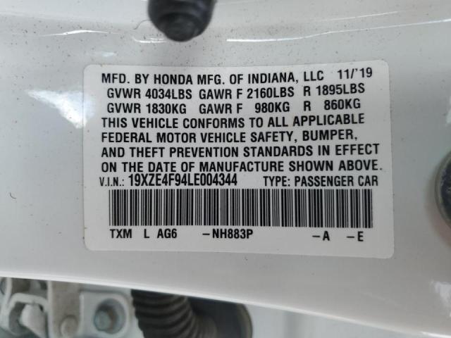 19XZE4F94LE004344 - 2020 HONDA INSIGHT TO WHITE photo 10