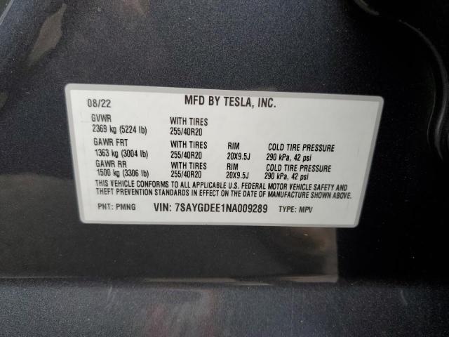 7SAYGDEE1NA009289 - 2022 TESLA MODEL Y رمادي صورة 10