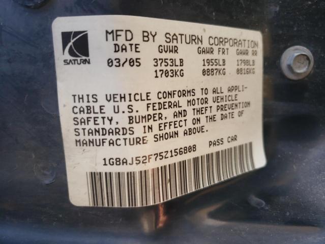 1G8AJ52F75Z156808 - 2005 SATURN ION LEVEL BLACK photo 10