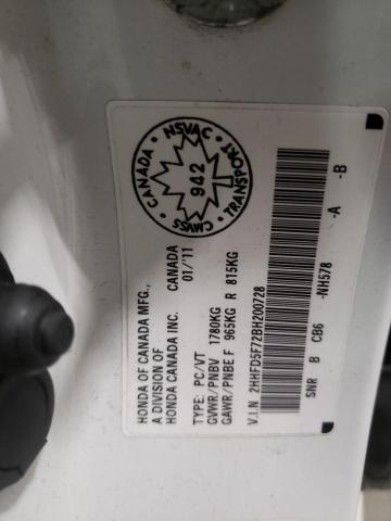 2HHFD5F72BH200728 - 2011 ACURA CSX TECHNO WHITE photo 10