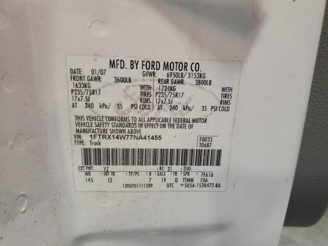 1FTRX14W77NA41455 - 2007 FORD F150 WHITE photo 10