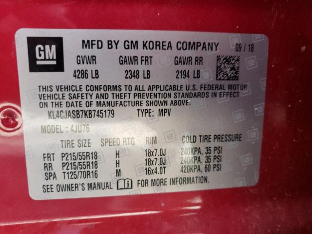 KL4CJASB7KB745179 - 2019 BUICK ENCORE PRE RED photo 10