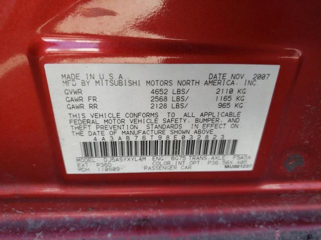 4A3AB76T98E032823 - 2008 MITSUBISHI GALANT RAL RED photo 10