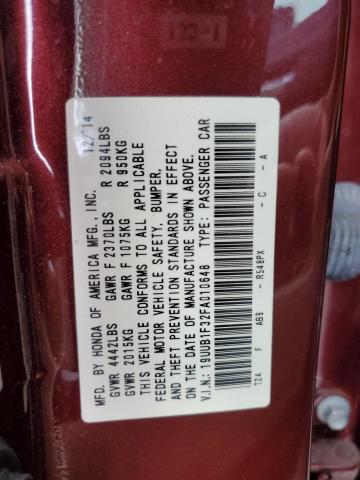 19UUB1F32FA010648 - 2015 ACURA TLX BURGUNDY photo 10