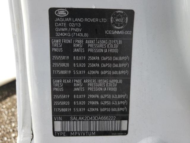 SALAK2D43DA666222 - 2013 LAND ROVER LR4 HSE LU WHITE photo 10