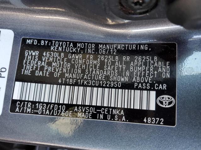 4T1BF1FK3CU122950 - 2012 TOYOTA CAMRY BASE GRAY photo 10