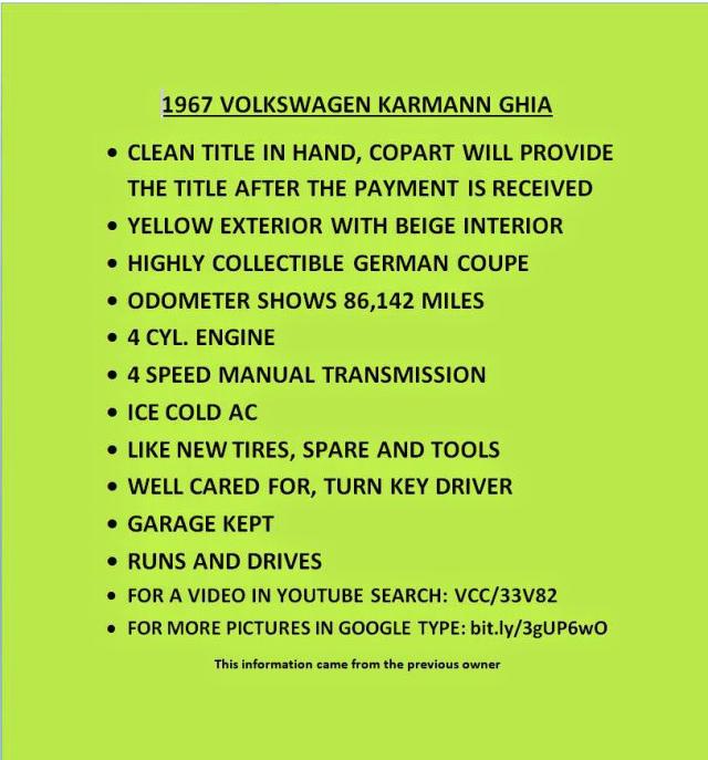 147452835 - 1967 VOLKSWAGEN KARMANNGHI YELLOW photo 9