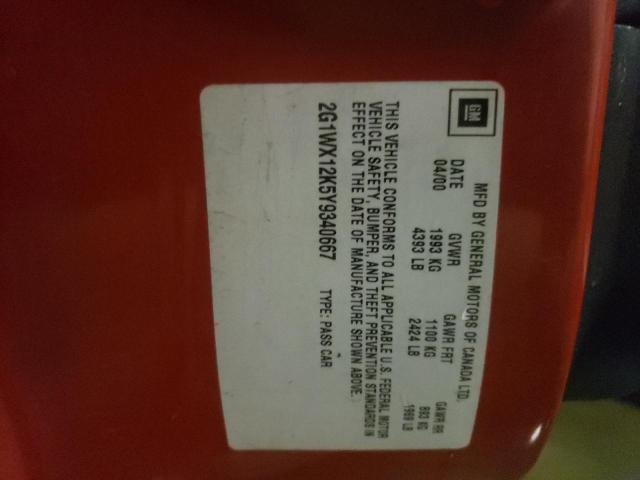 2G1WX12K5Y9340667 - 2000 CHEVROLET MONTE CARL 红色 照片 10