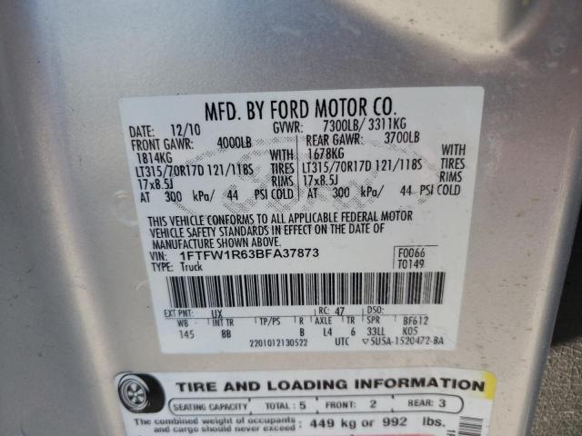 1FTFW1R63BFA37873 - 2011 FORD F150 SVT R SILVER photo 10