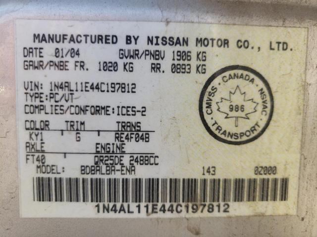 1N4AL11E44C197812 - 2004 NISSAN ALTIMA BAS SILVER photo 10