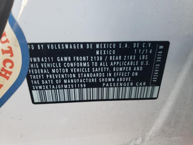 3VW2K7AJ0FM251199 - 2015 VOLKSWAGEN JETTA BASE 白色 照片 10