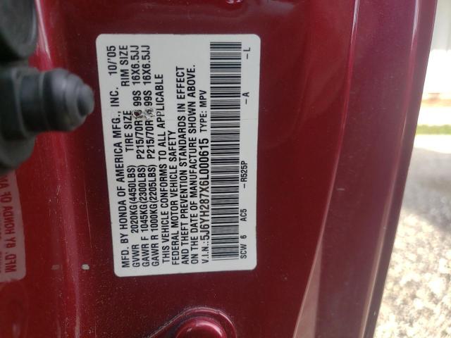 5J6YH287X6L000615 - 2006 HONDA ELEMENT EX BURGUNDY photo 10