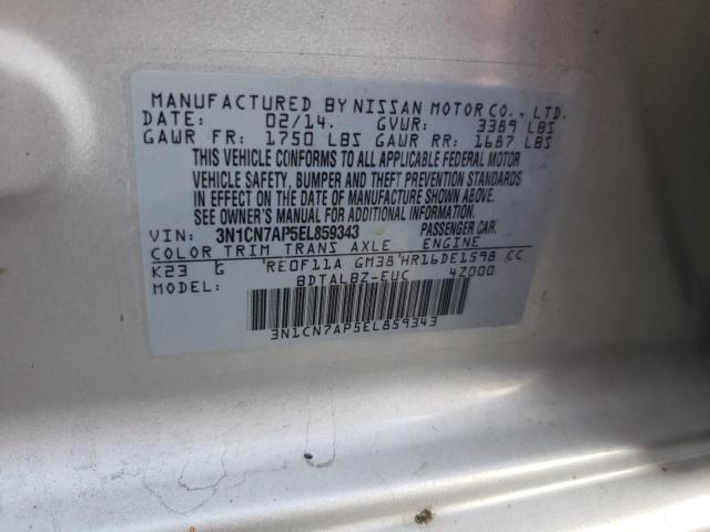 3N1CN7AP5EL859343 - 2014 NISSAN VERSA S SILVER photo 10