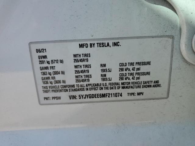 5YJYGDEE6MF211074 - 2021 TESLA MODEL Y أبيض صورة 10