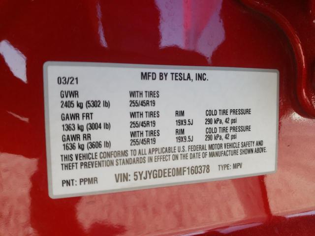 5YJYGDEE0MF160378 - 2021 TESLA MODEL Y RED photo 10