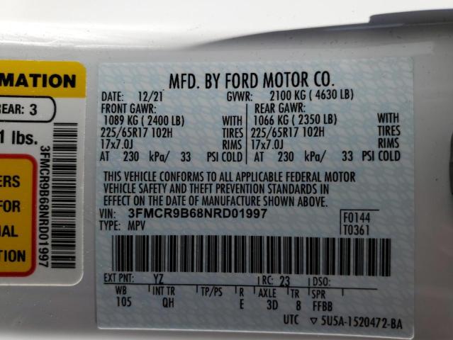 3FMCR9B68NRD01997 - 2022 FORD BRONCO SPO WHITE photo 10