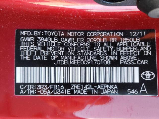 JTDBU4EE0C9170108 - 2012 TOYOTA COROLA RED photo 10