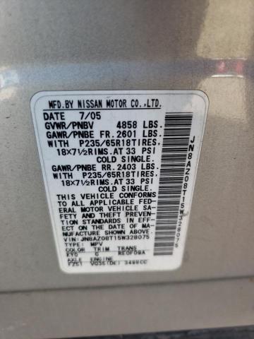 JN8AZ08T15W328075 - 2005 NISSAN MURANO SL GRAY photo 10