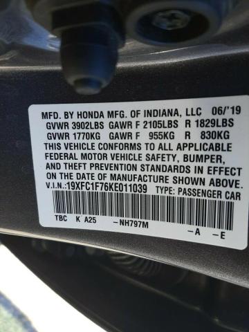 19XFC1F76KE011039 - 2019 HONDA CIVIC EXL Boz foto 10