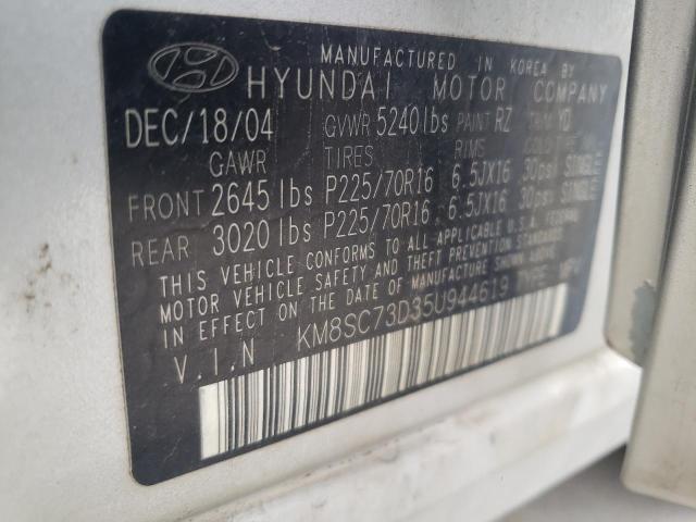 KM8SC73D35U944619 - 2005 HYUNDAI SANTA FE SILVER photo 10