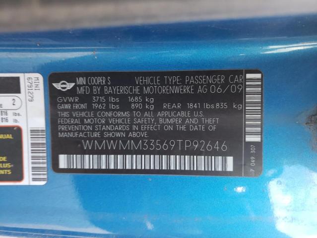 WMWMM33569TP92646 - 2009 MINI COOPER S C TURQUOISE photo 10