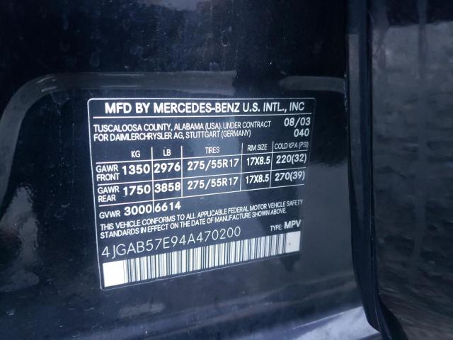 4JGAB57E94A470200 - 2004 MERCEDES-BENZ ML350 BLACK photo 10