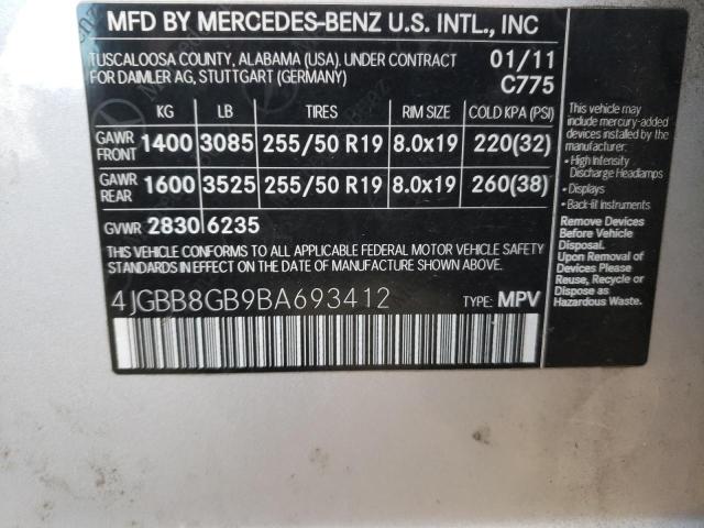 4JGBB8GB9BA693412 - 2011 MERCEDES-BENZ ML 350 4MA SILVER photo 10