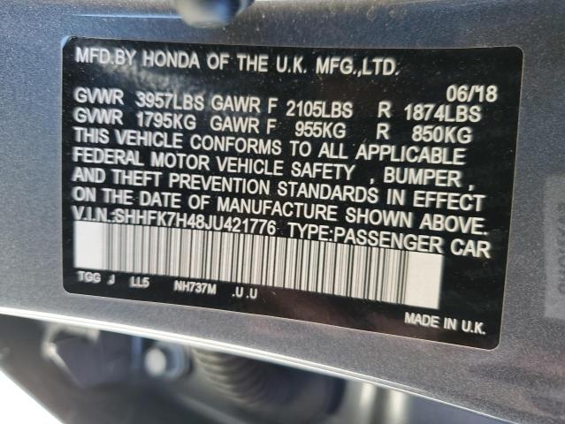 SHHFK7H48JU421776 - 2018 HONDA CIVIC SPOR GRAY photo 10