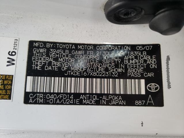 JTKDE167X80223132 - 2008 TOYOTA SCION TC თეთრი ფოტო 10