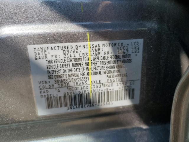 3N1AB8CV8NY255581 - 2022 NISSAN SENTRA SV GRAY photo 10