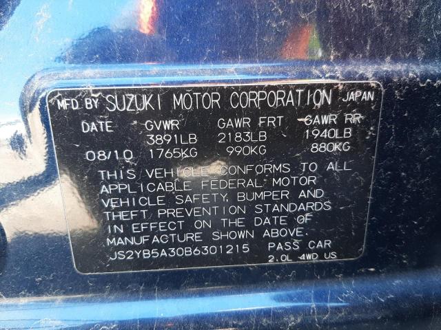 JS2YB5A30B6301215 - 2011 SUZUKI SX4 BLUE photo 10