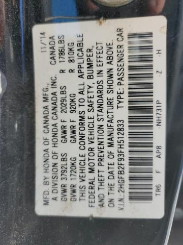 2HGFB2F93FH512833 - 2015 HONDA CIVIC EXL Noir photo 10