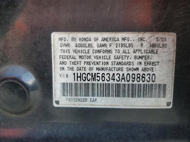 1HGCM56343A098630 - 2003 HONDA ACCORD LX BLACK photo 10