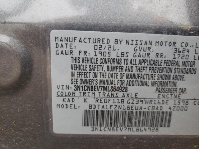 3N1CN8EV7ML864928 - 2021 NISSAN VERSA SV GRAY photo 10