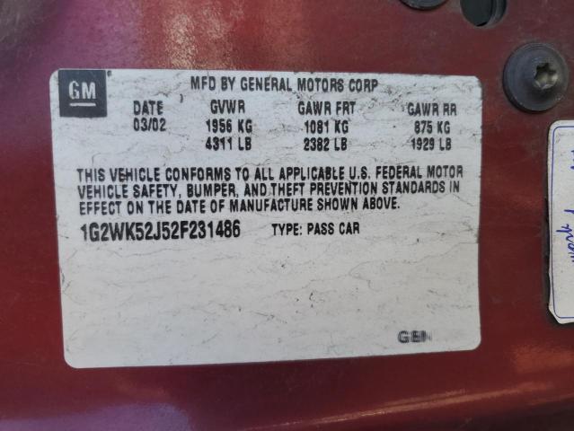 1G2WK52J52F231486 - 2002 PONTIAC GRAND PRIX Қызыл фото 10