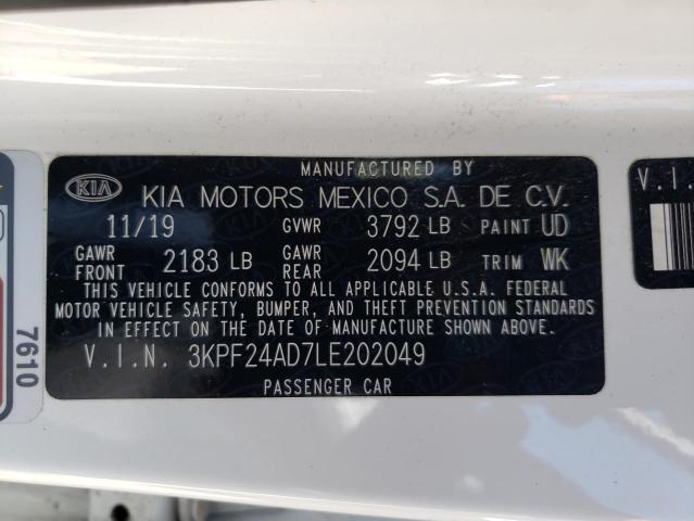 3KPF24AD7LE202049 - 2020 KIA FORTE FE WHITE photo 10