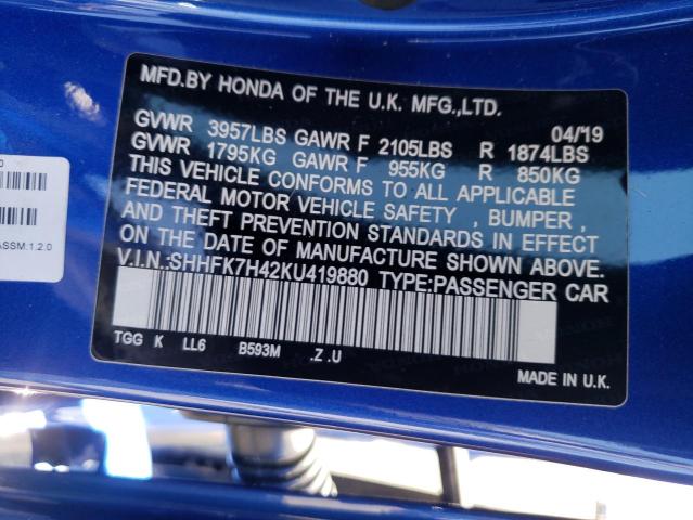 SHHFK7H42KU419880 - 2019 HONDA CIVIC SPOR 蓝色 照片 10