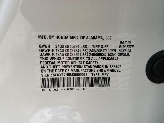 5FNYF7H56KB005072 - 2019 HONDA PASSPORT E 白色 照片 10