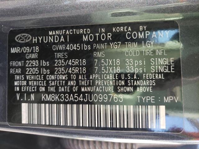 KM8K33A54JU099763 - 2018 HYUNDAI KONA LIMIT CHARCOAL photo 10